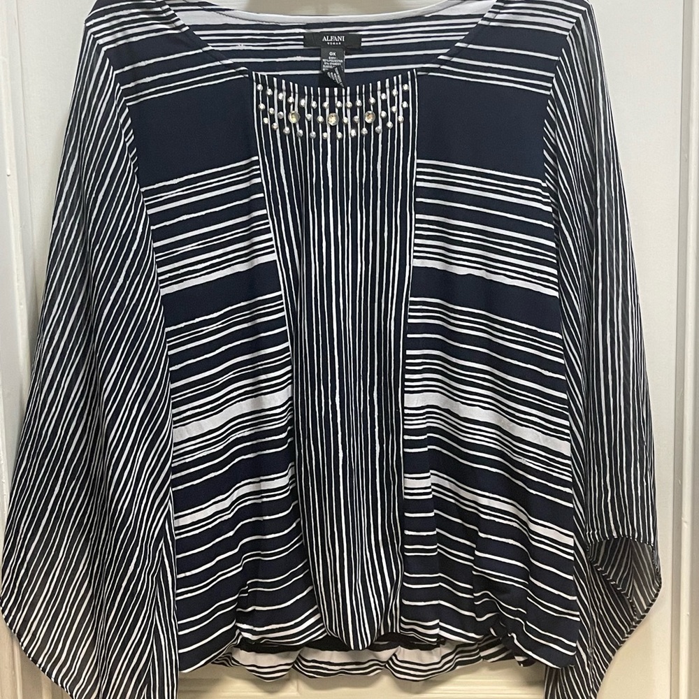 Blue and white Alfani Woman blouse size 0X with rhinestones